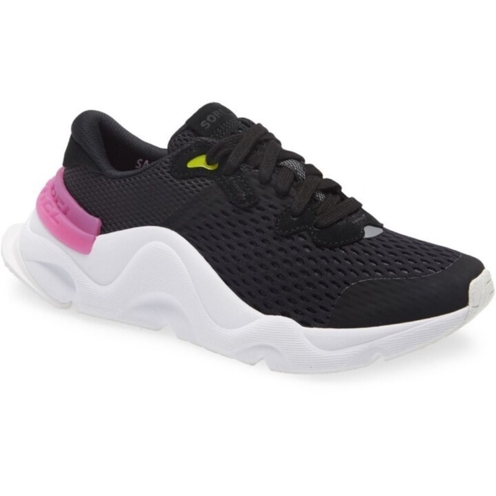 Sorel Women's Black Mesh Athletic Sneakers with White Sole Pink Heel Accent 9.5